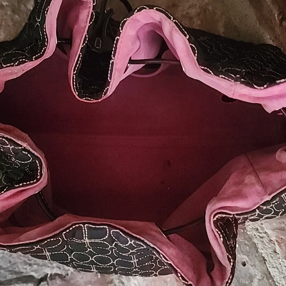 Kate Spade Vintage Quilted Nylon Bucket Hobo Bag Black Drawstring Pink Lining